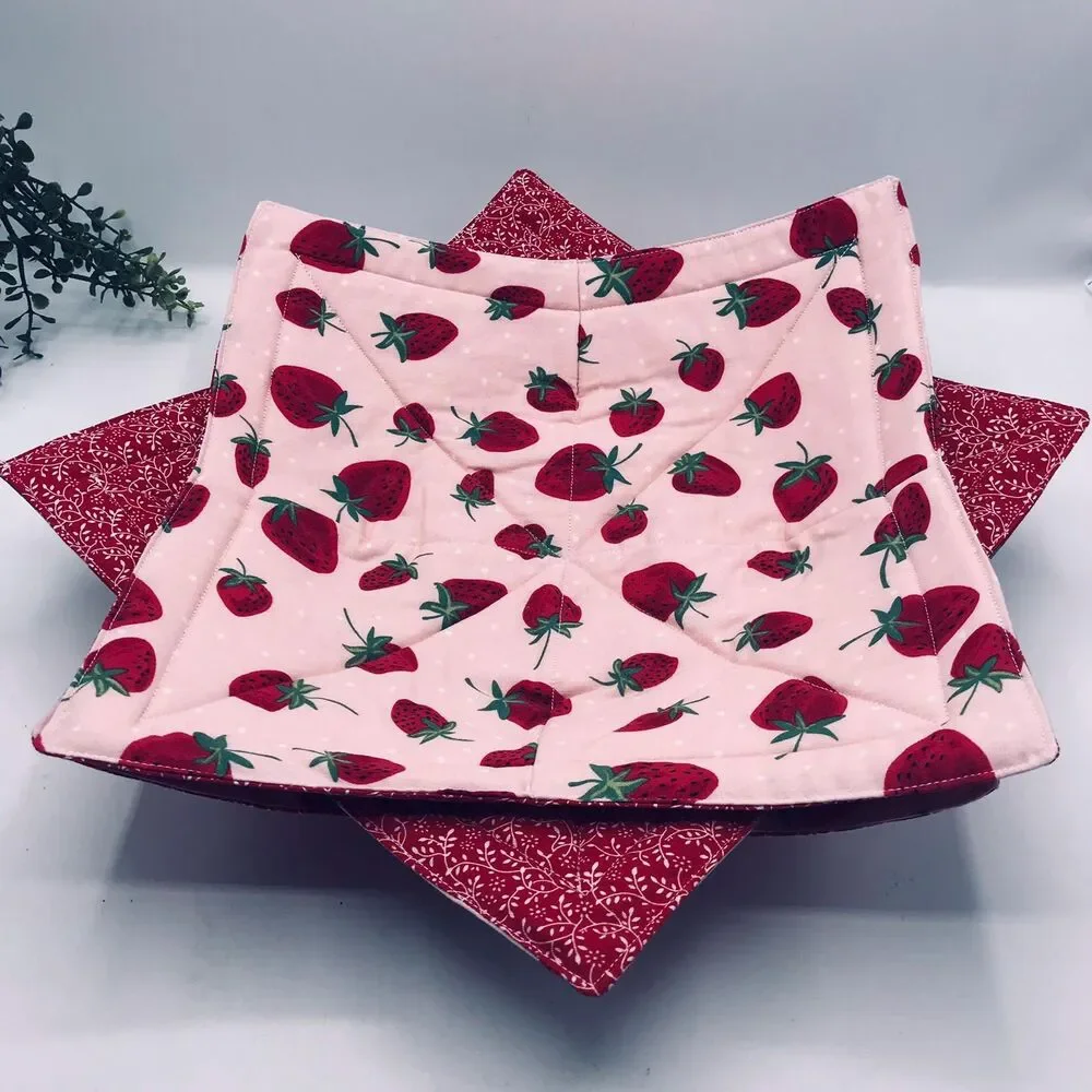 Microwave Dinner Plate Cozy: Reversible, Strawberries Pink Red Cottage Garden